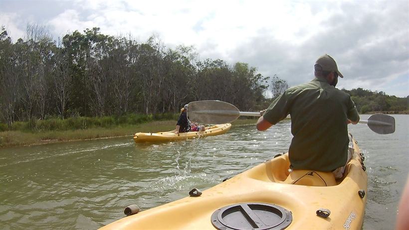 A pair of canoes on the water between wooded banks.